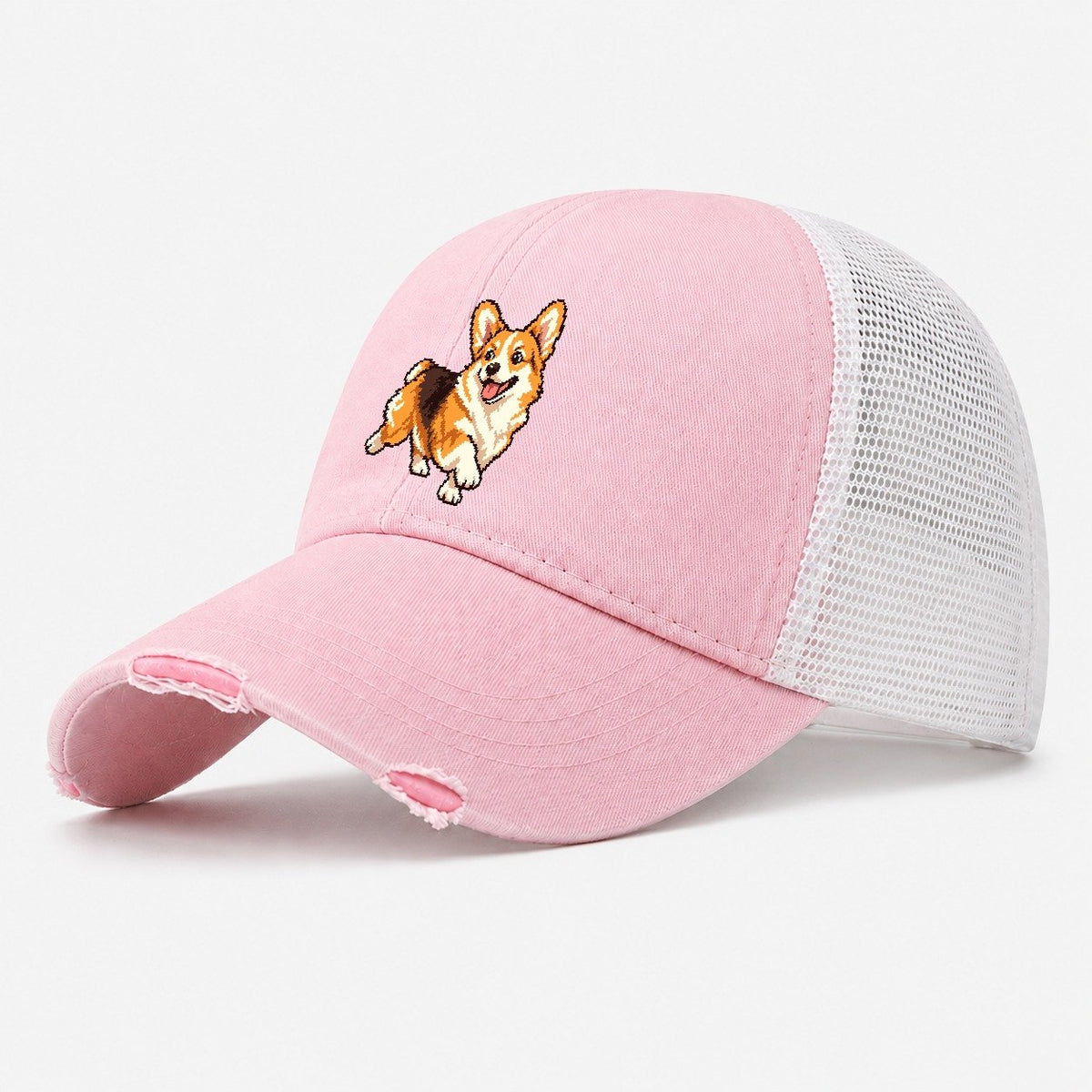 Pixel Art Corgi Washed Trucker Hat – Light Pink