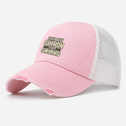 Sixth Duty Station Still Smiling Barracks Wit Washed Trucker Hat – Light Pink