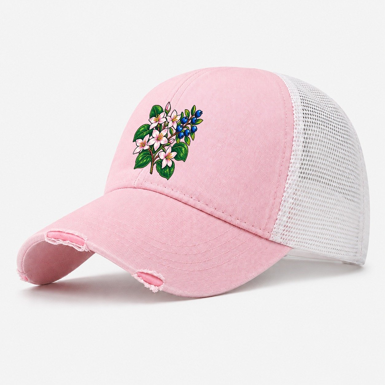 Nova Scotia Mayflower And Wild Blueberries Canada Cultural Icons Washed Trucker Hat – Light Pink