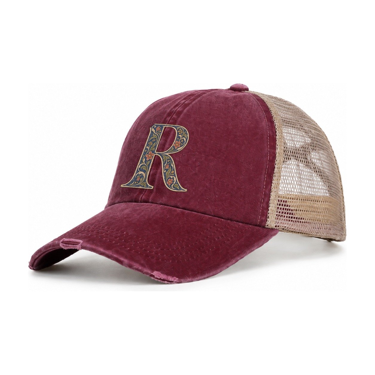 Wildflower R Monogram Women's Ponytail Trucker Hat – Burgundy Khaki