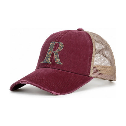 Wildflower R Monogram Women's Ponytail Trucker Hat – Burgundy Khaki
