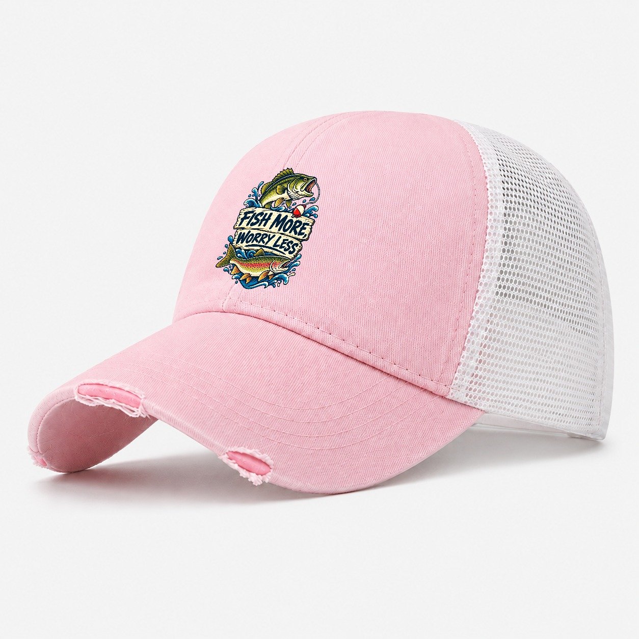 Fish More Worry Less Fishing Elegant Washed Trucker Hat – Light Pink