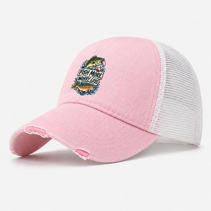 Fish More Worry Less Fishing Elegant Washed Trucker Hat – Light Pink