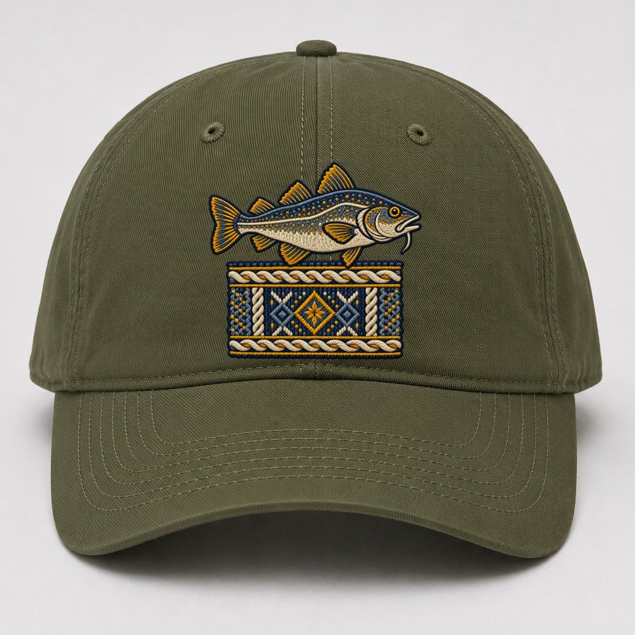 Fisherman S Gansey Knit And Cod Uk Culture Heritage Baseball Cap – Army Green