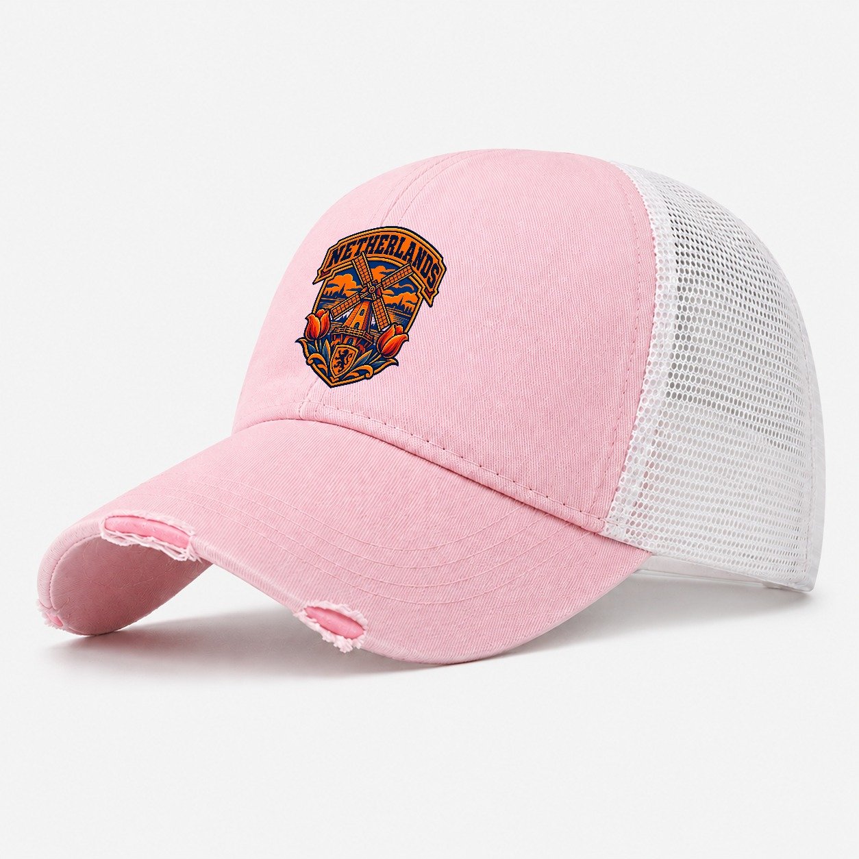 Netherlands Retro Badge Country Logos Washed Trucker Hat – Light Pink