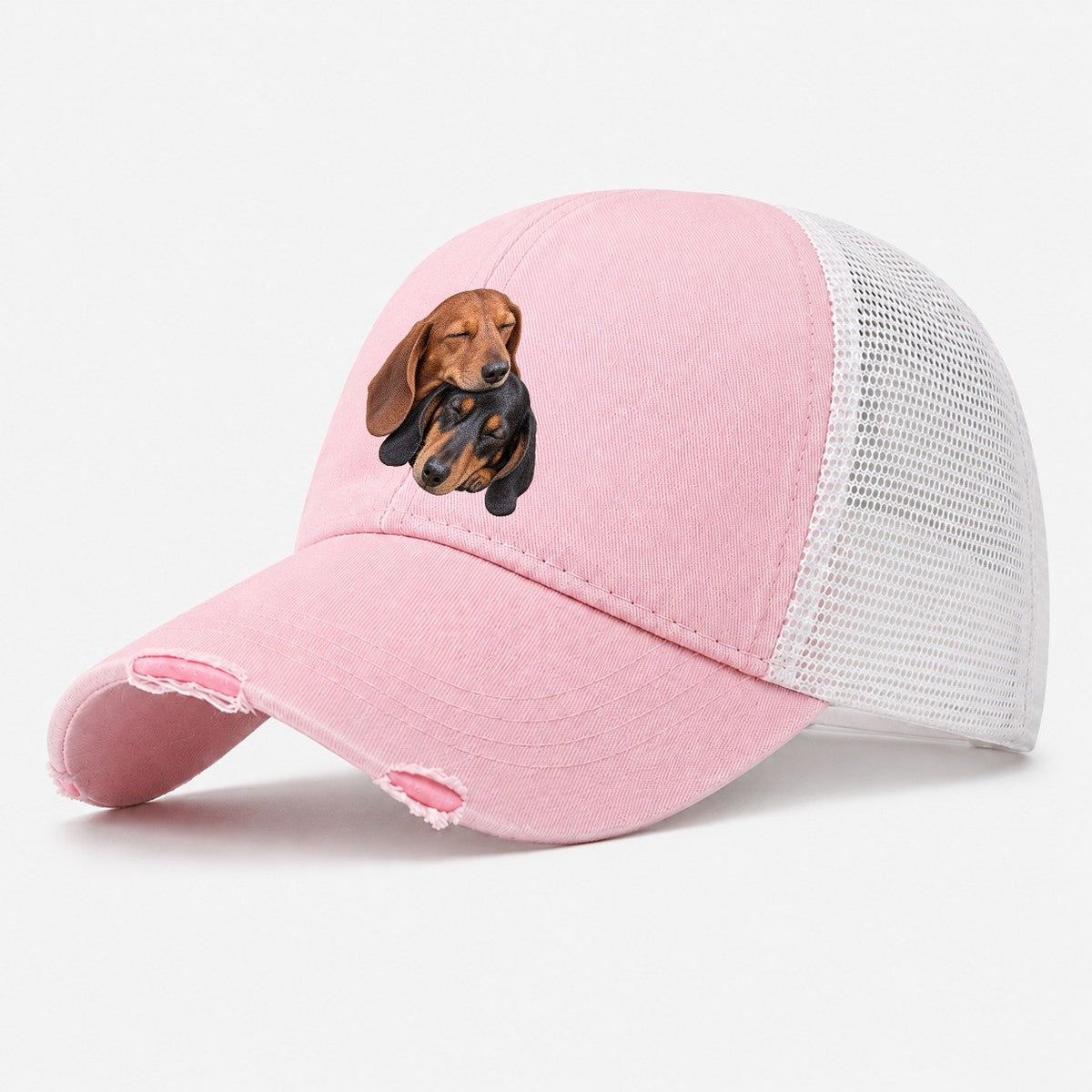 Dachshund Sleeping Pair Character Club Washed Trucker Hat – Light Pink