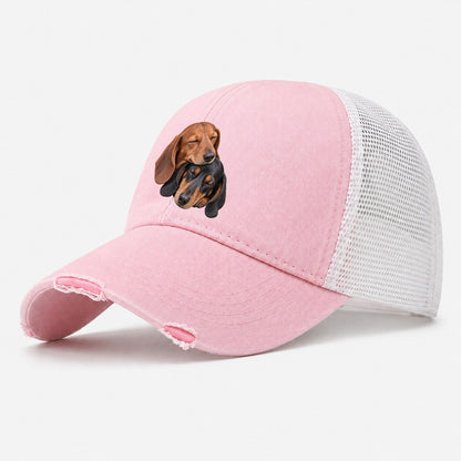 Dachshund Sleeping Pair Character Club Washed Trucker Hat – Light Pink
