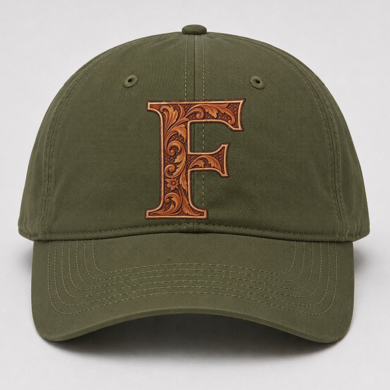 Tooled Leather F Monogram Baseball Cap – Army Green