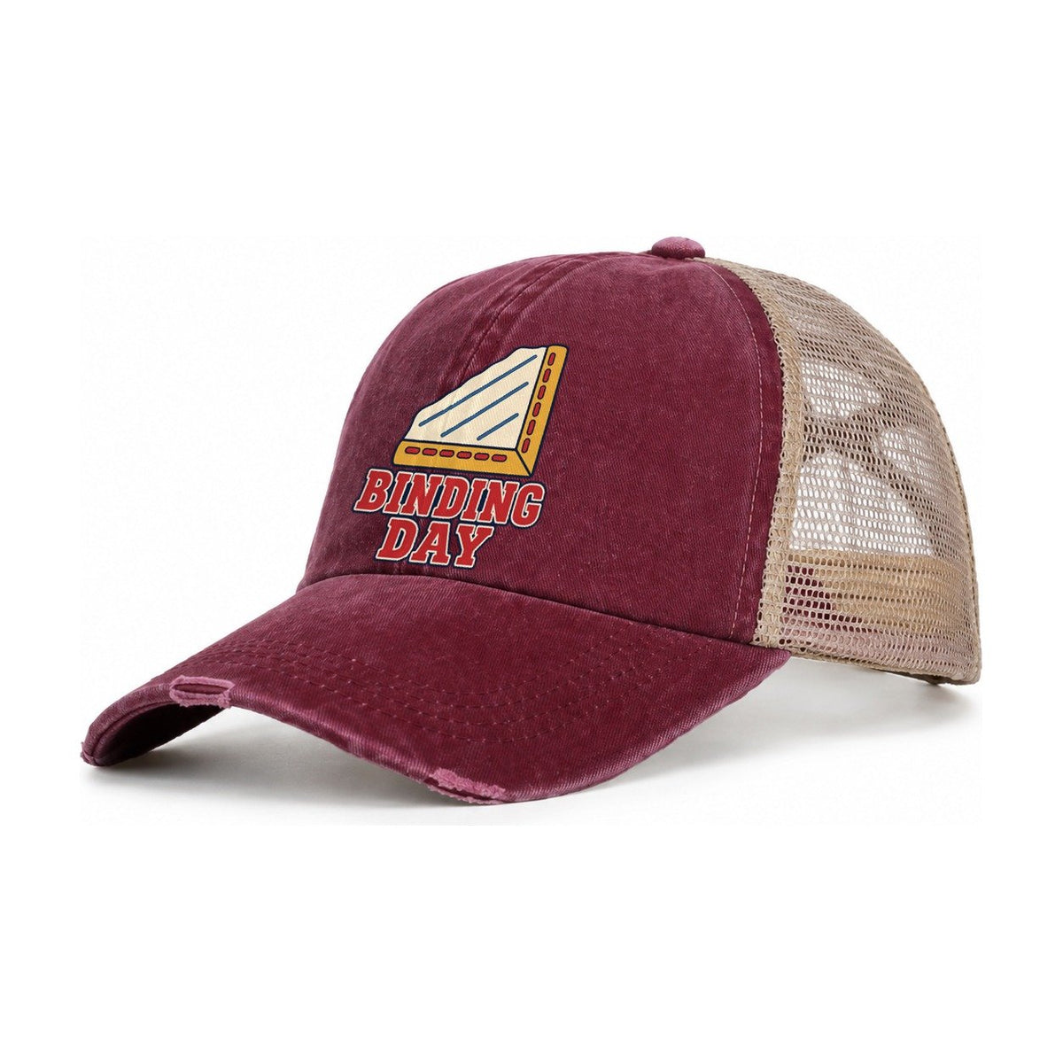 Binding Day Sewing And Quilting Women's Ponytail Trucker Hat – Burgundy Khaki