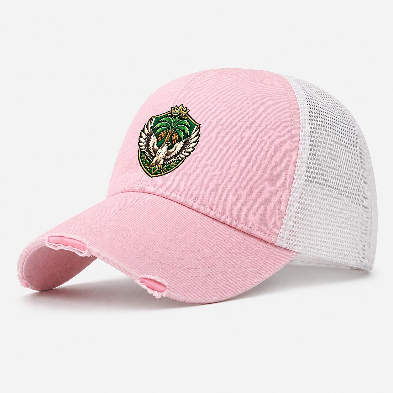 Saudi Arabia Heraldic Crest Country Logos Washed Trucker Hat – Light Pink