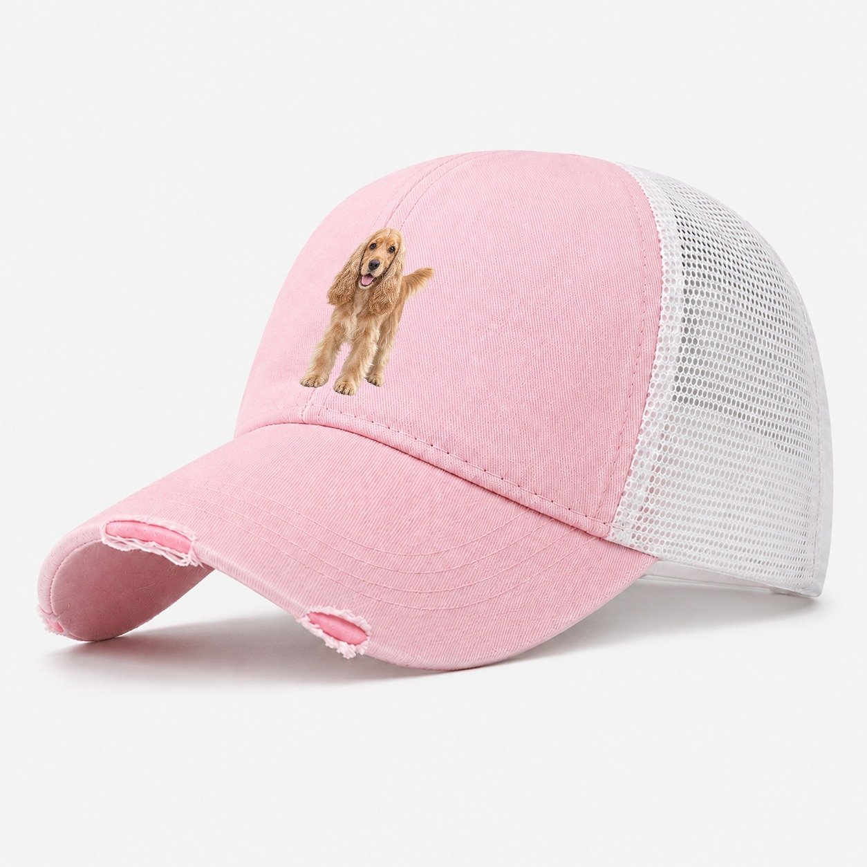 Cocker Spaniel Standing Top Breeds Washed Trucker Hat – Light Pink