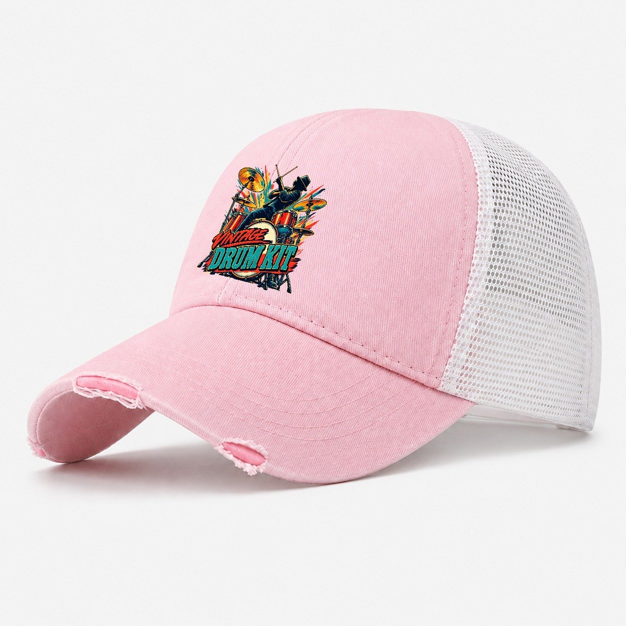 Vintage Drum Kit Music Instruments Washed Trucker Hat – Light Pink