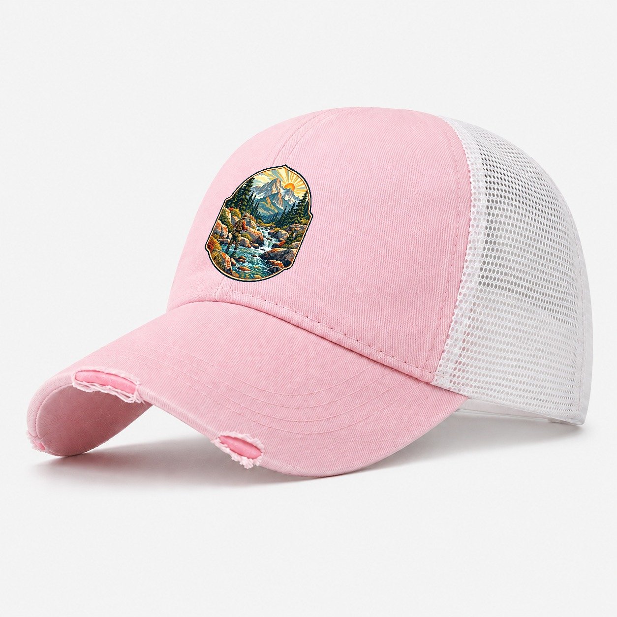 Mountain Creek Headwaters Fishing Club Washed Trucker Hat – Light Pink
