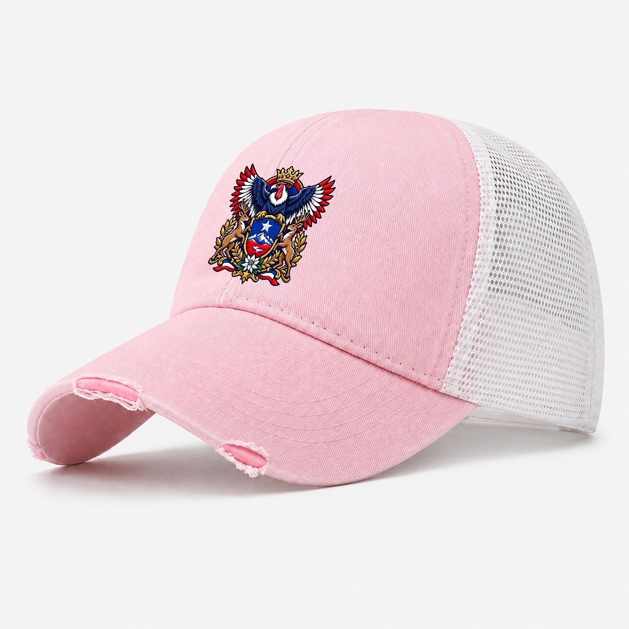 Chile Heraldic Crest Country Logos Washed Trucker Hat – Light Pink