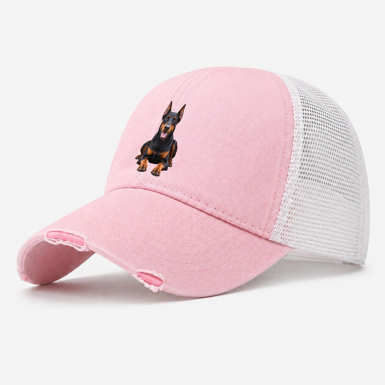 Doberman Pinscher Sitting Top Breeds Washed Trucker Hat – Light Pink