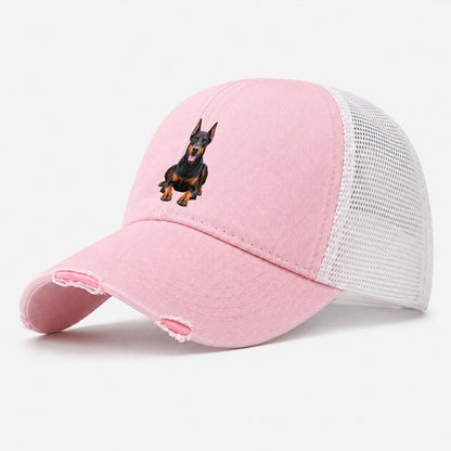 Doberman Pinscher Sitting Top Breeds Washed Trucker Hat – Light Pink
