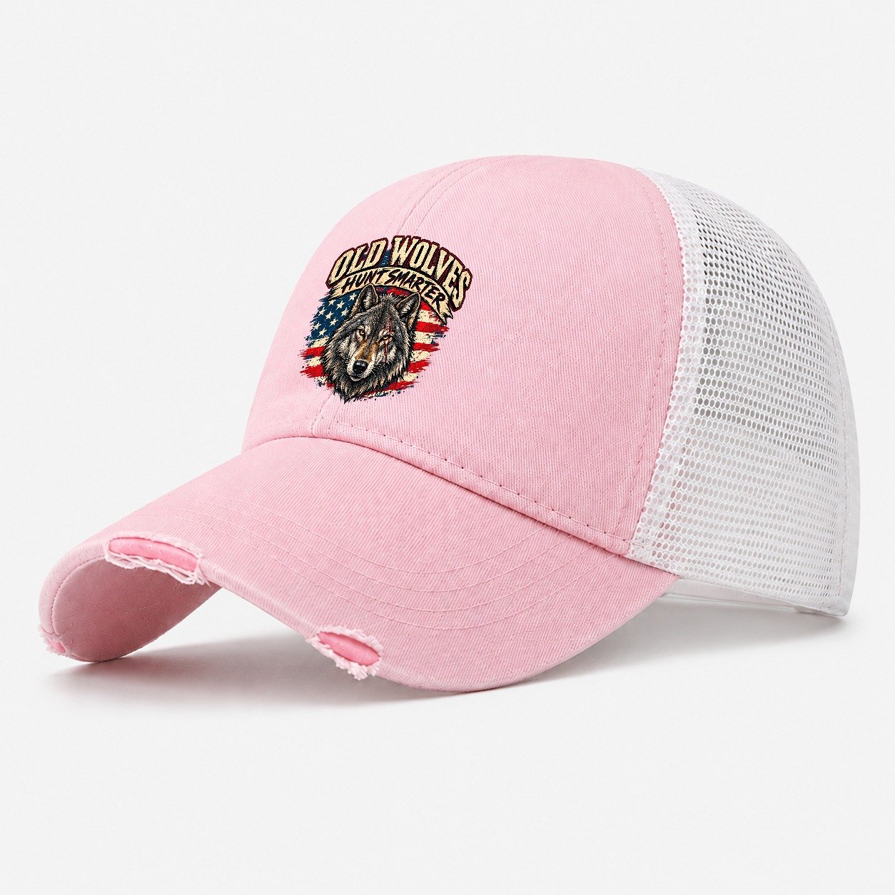 Old Wolves Hunt Smarter Old Man Strong Washed Trucker Hat – Light Pink