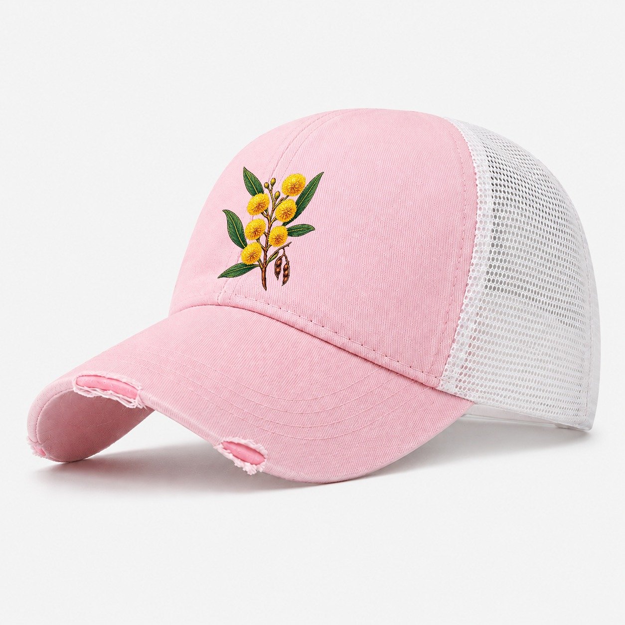 Golden Wattle Flowering Sprig Australia Cultural Icons Washed Trucker Hat – Light Pink