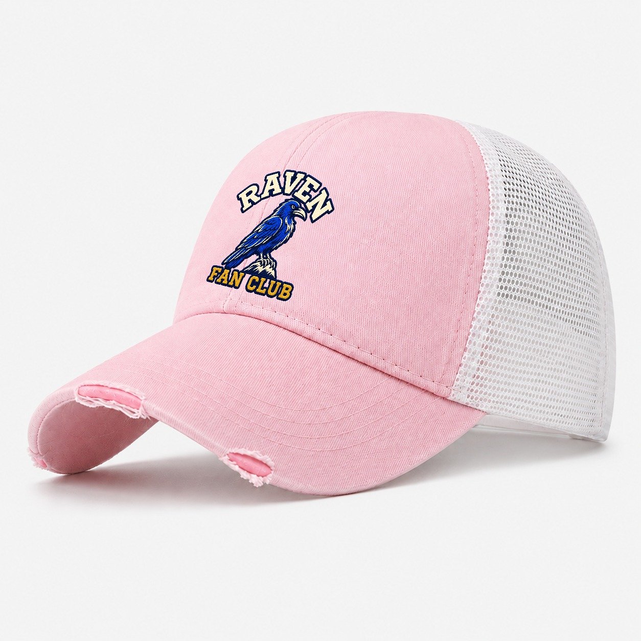 Raven Fan Club Washed Trucker Hat – Light Pink