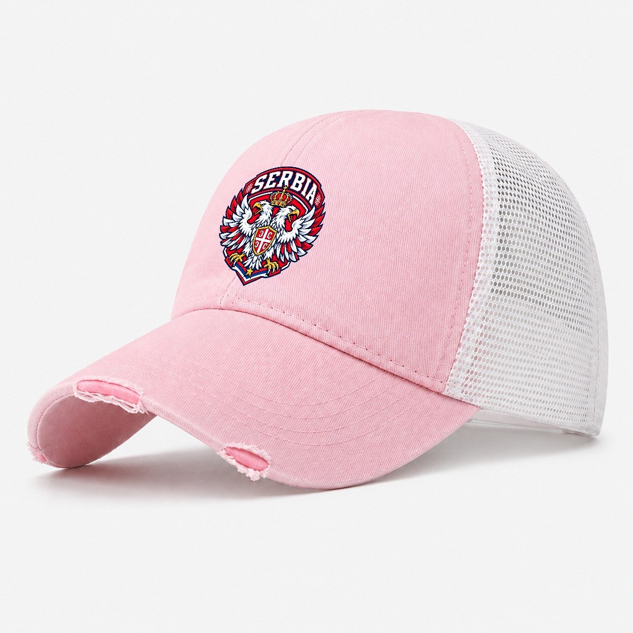 Serbia Retro Badge Country Logos Washed Trucker Hat – Light Pink