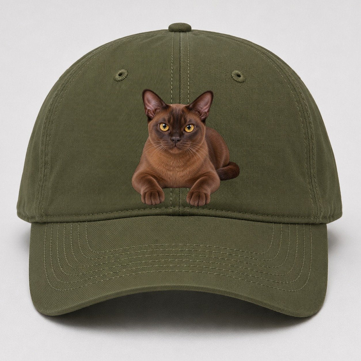 Burmese Reclining Paws Forward Realistic Cat Portrait Baseball Cap – Army Green