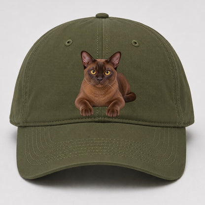 Burmese Reclining Paws Forward Realistic Cat Portrait Baseball Cap – Army Green