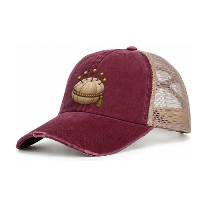 Pincushion And Pins Needlework Women's Ponytail Trucker Hat – Burgundy Khaki