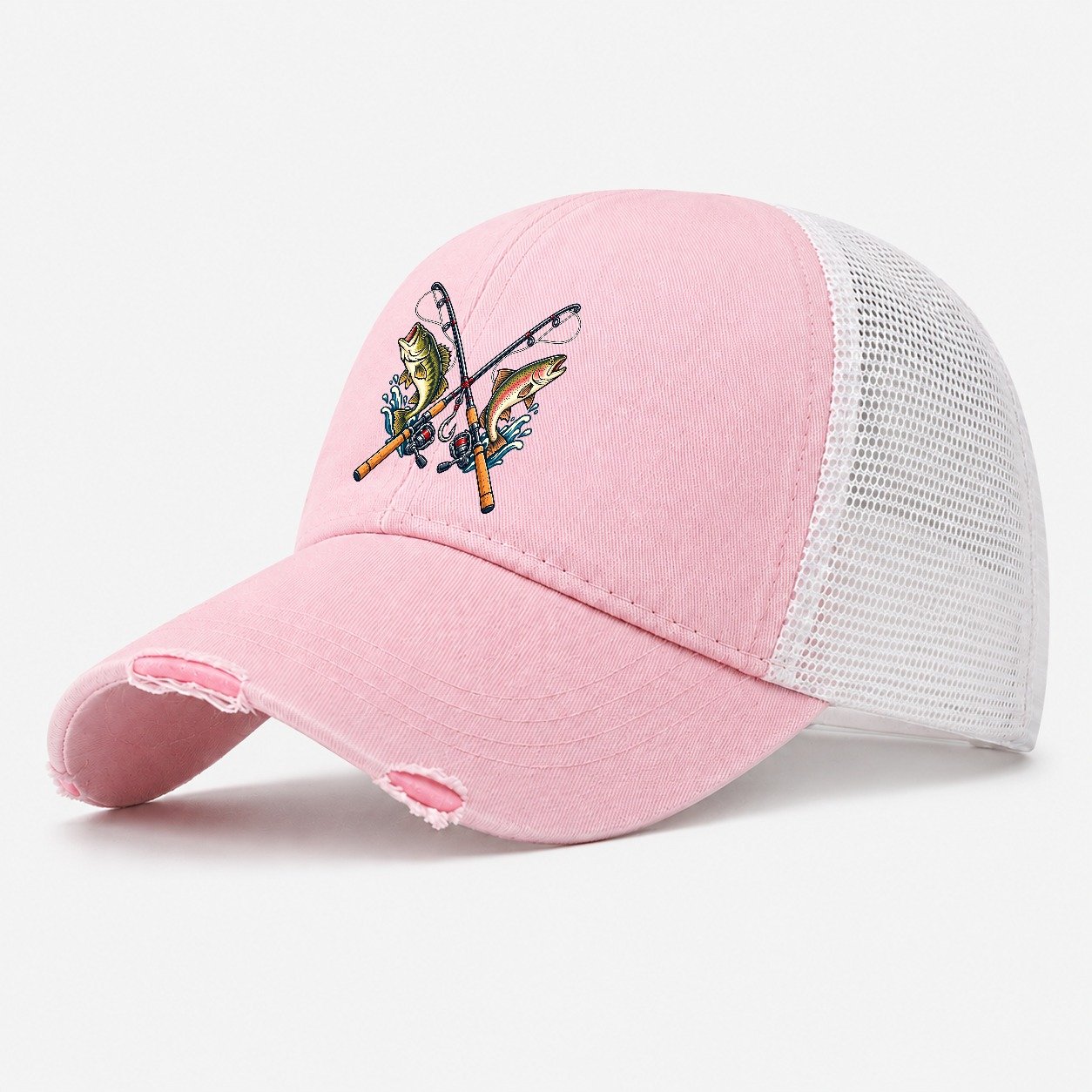 Crossed Rods Fishing Elegant Washed Trucker Hat – Light Pink