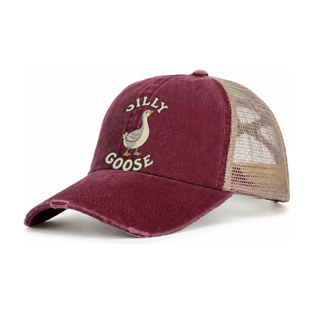 Goose Animal Puns Women's Ponytail Trucker Hat – Burgundy Khaki