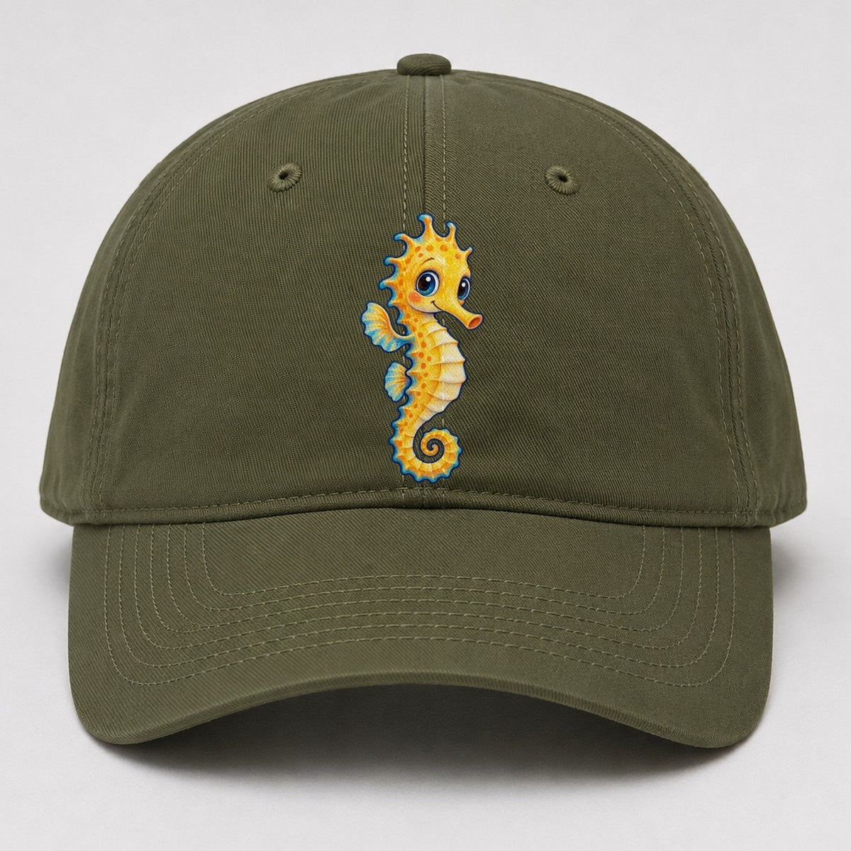 Seahorse Vertical Hello Sea Sprite Baseball Cap – Army Green