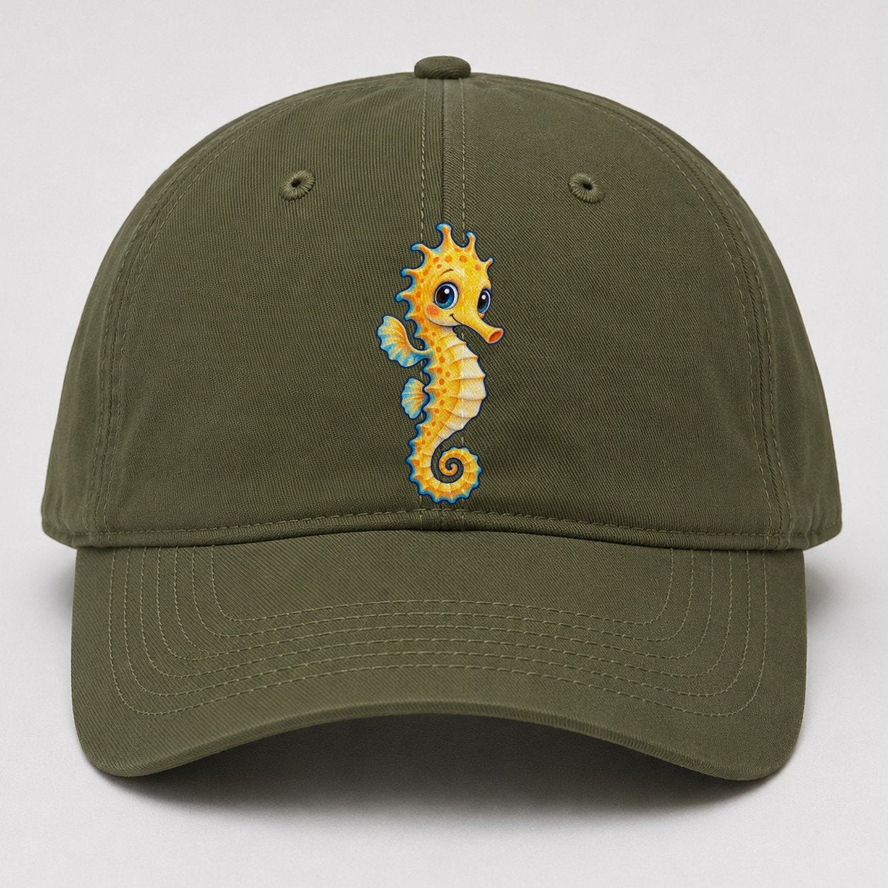 Seahorse Vertical Hello Sea Sprite Baseball Cap – Army Green