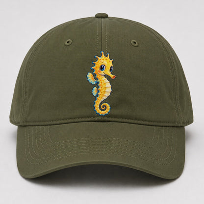 Seahorse Vertical Hello Sea Sprite Baseball Cap – Army Green