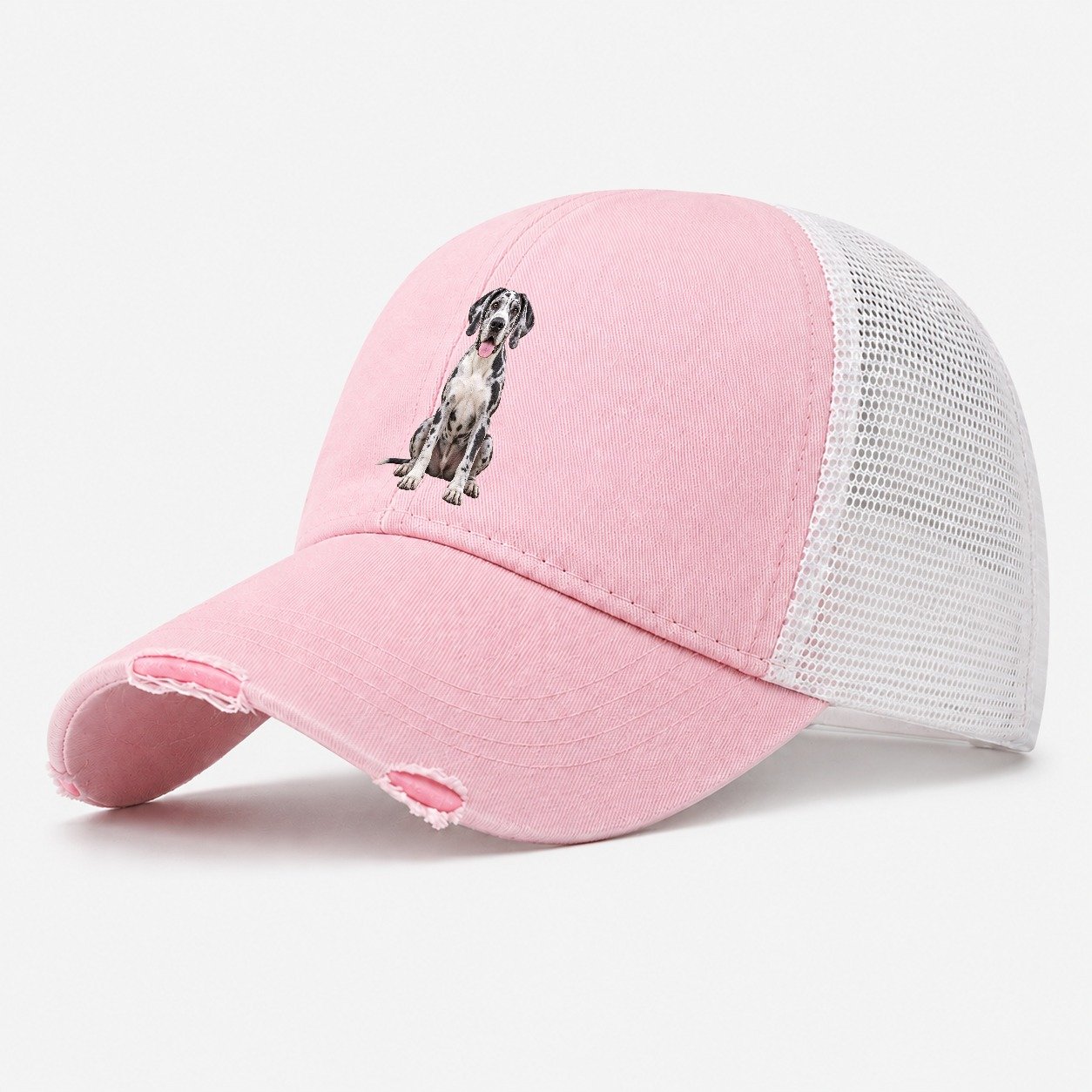 Great Dane Sitting Top Breeds Washed Trucker Hat – Light Pink
