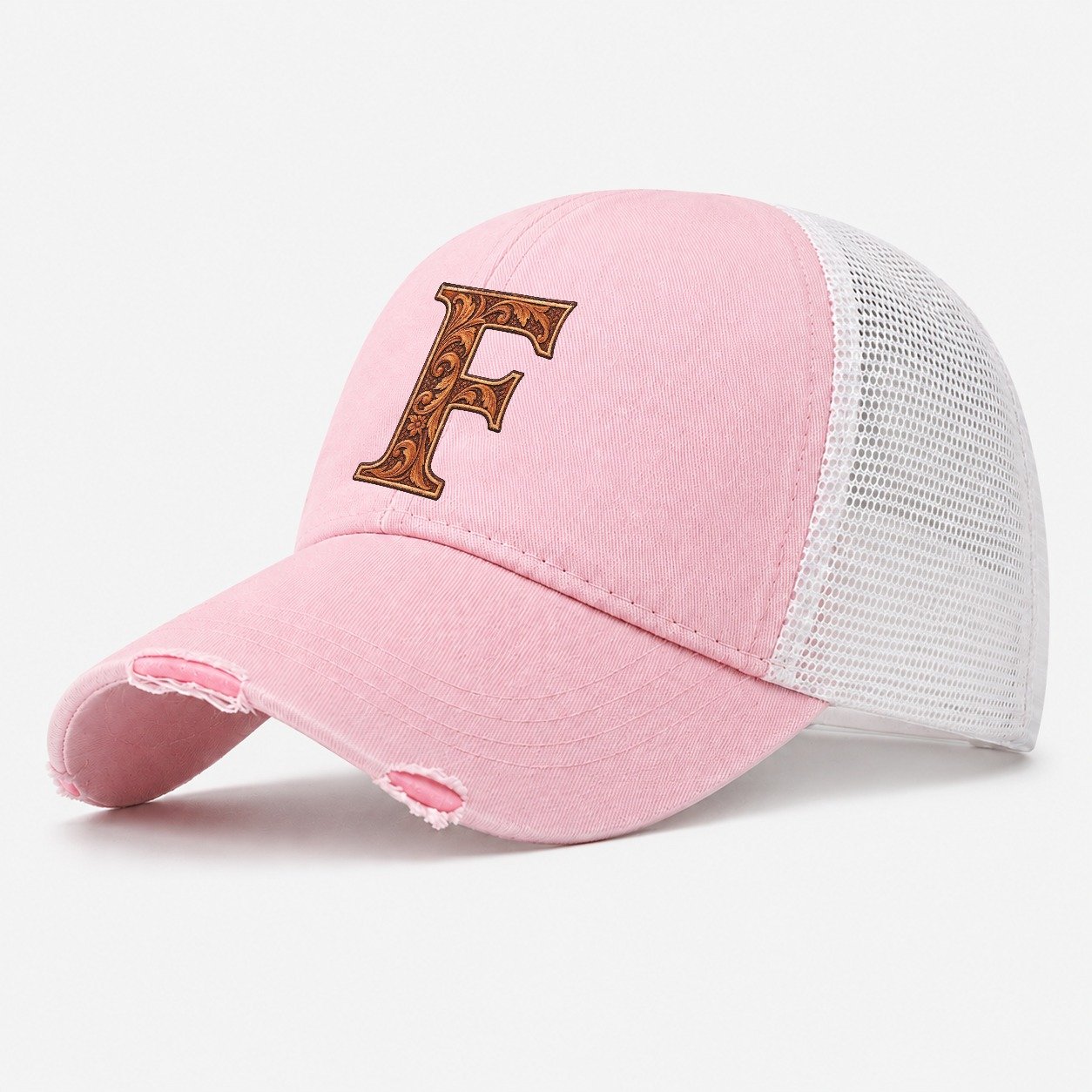 Tooled Leather F Monogram Washed Trucker Hat – Light Pink