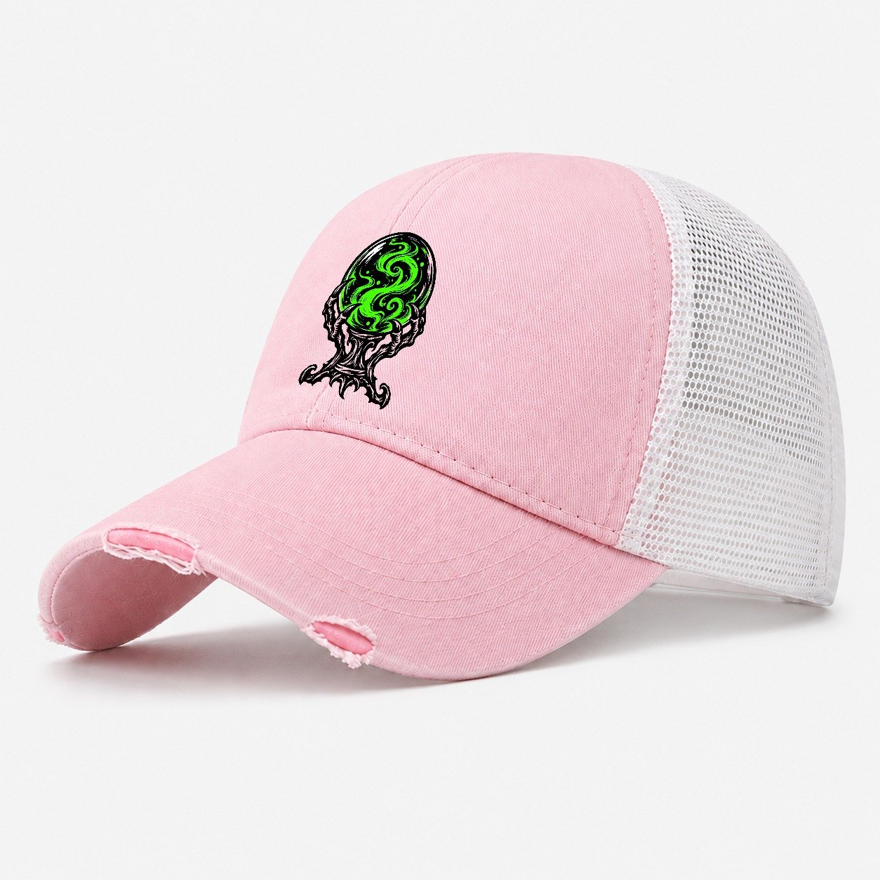 Crystal Ball On A Claw Stand Witch Magic Washed Trucker Hat – Light Pink