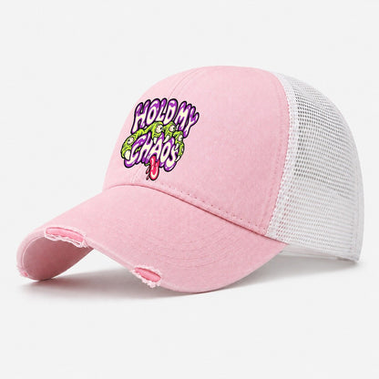 Hold My Chaos Crazy Styles Washed Trucker Hat – Light Pink