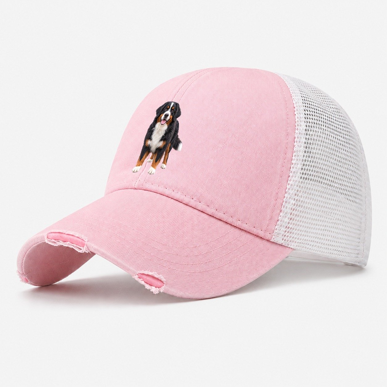Bernese Mountain Dog Standing Top Breeds Washed Trucker Hat – Light Pink