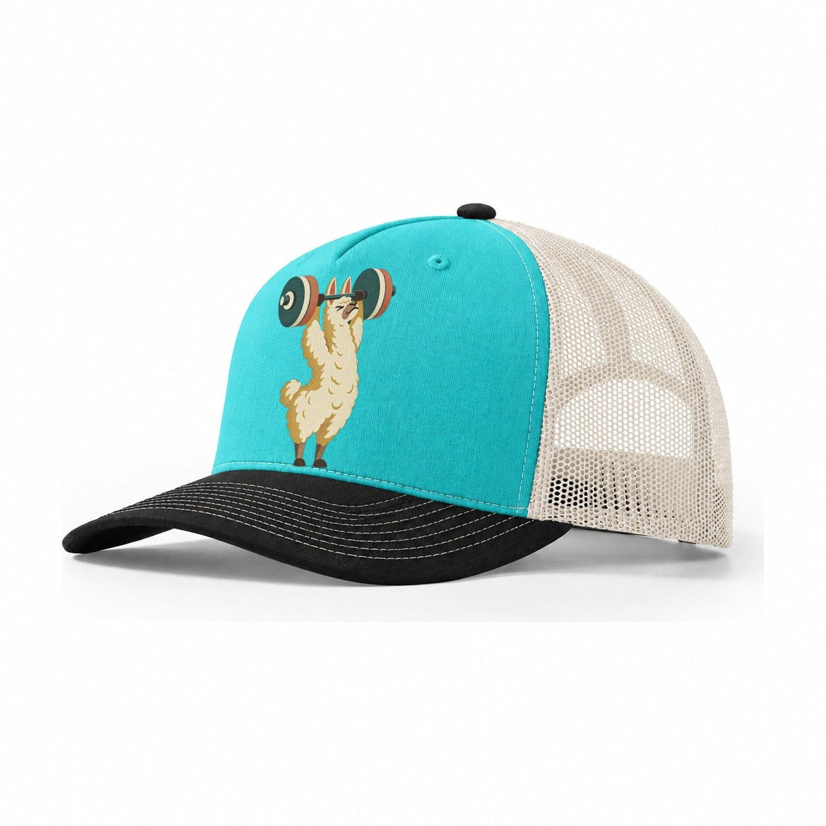 Llama Overhead Carry Animal Lifters Trucker Hat – Aqua Black White