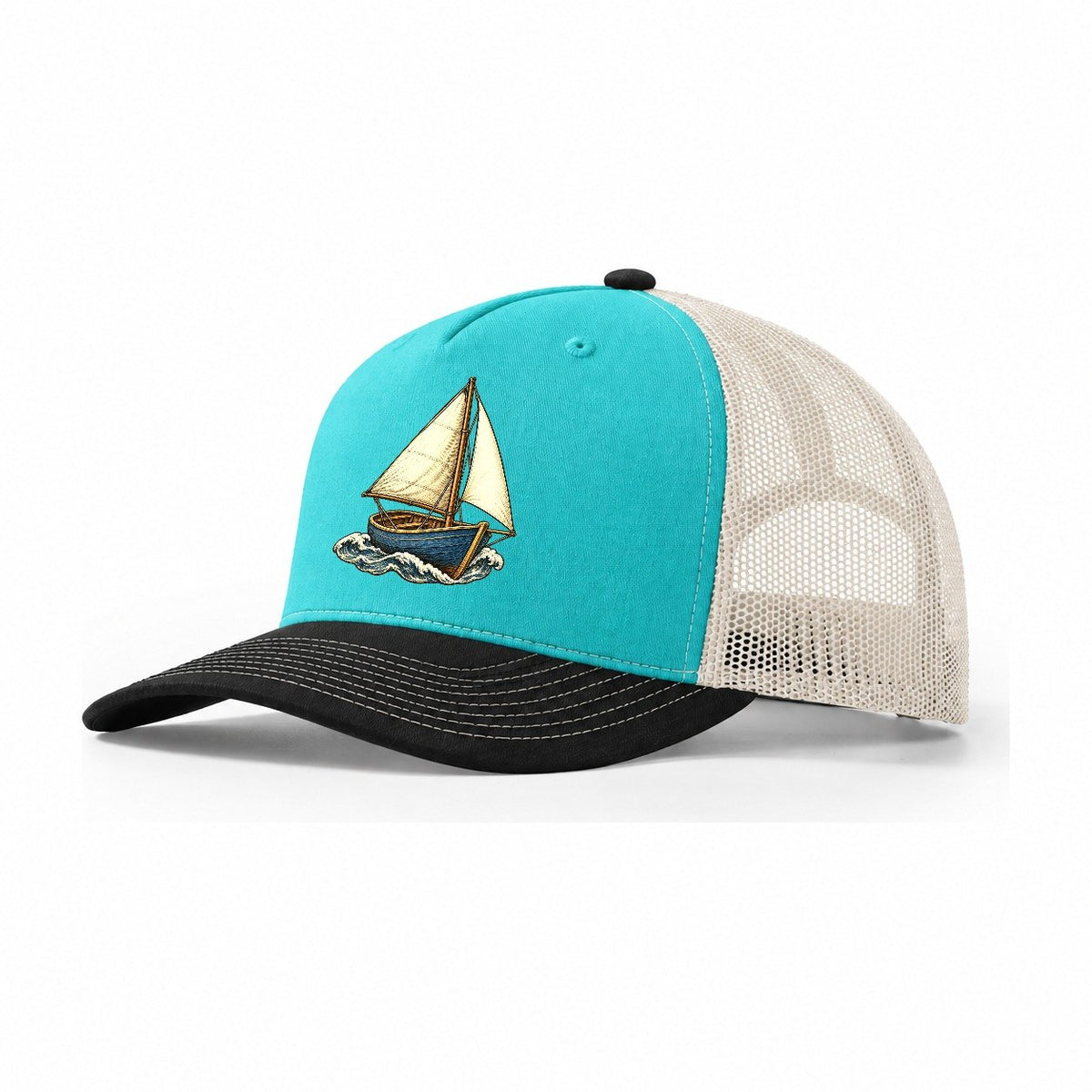 Small Sailboat Homeward Pastimes Companions Trucker Hat – Aqua Black White