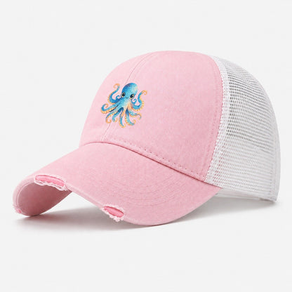 Cute Octopus Creature Washed Trucker Hat – Light Pink