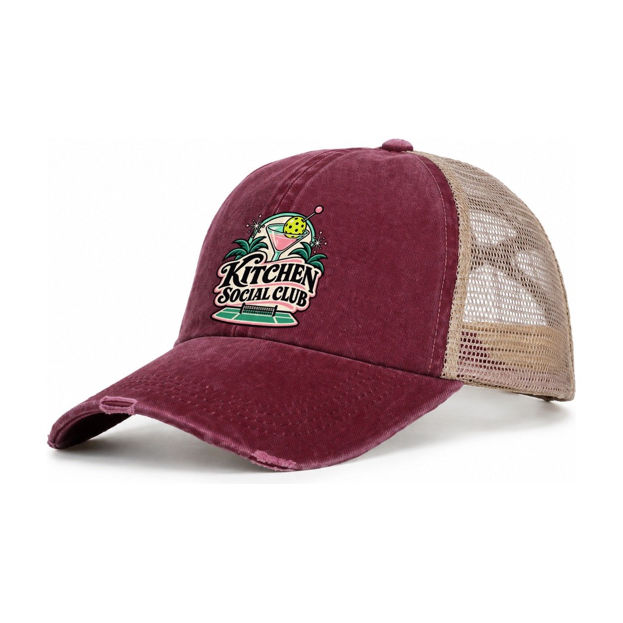 Kitchen Social Club Pickleball Life Women's Ponytail Trucker Hat – Burgundy Khaki