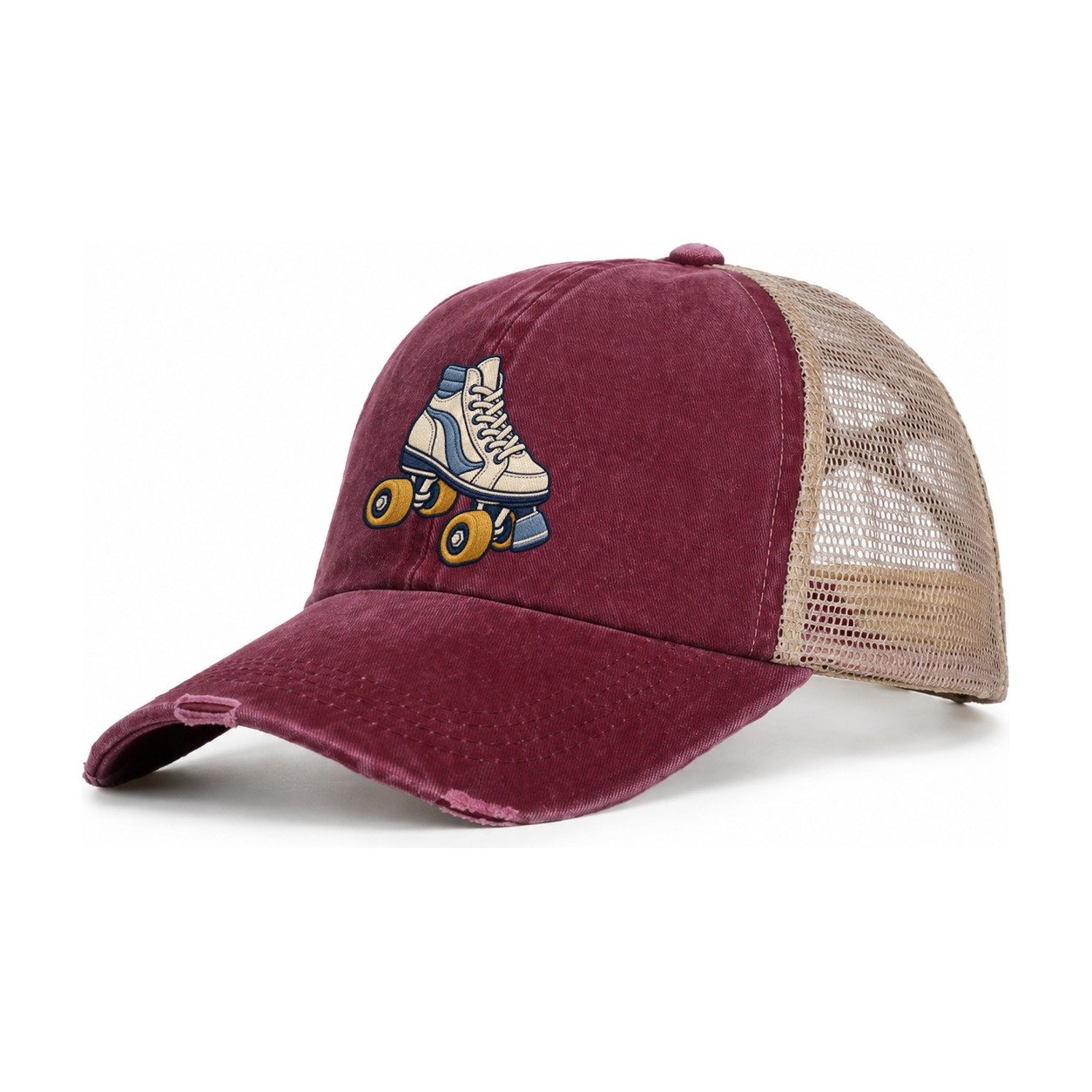 Roller Skate Tiny Solo Marks Women's Ponytail Trucker Hat – Burgundy Khaki