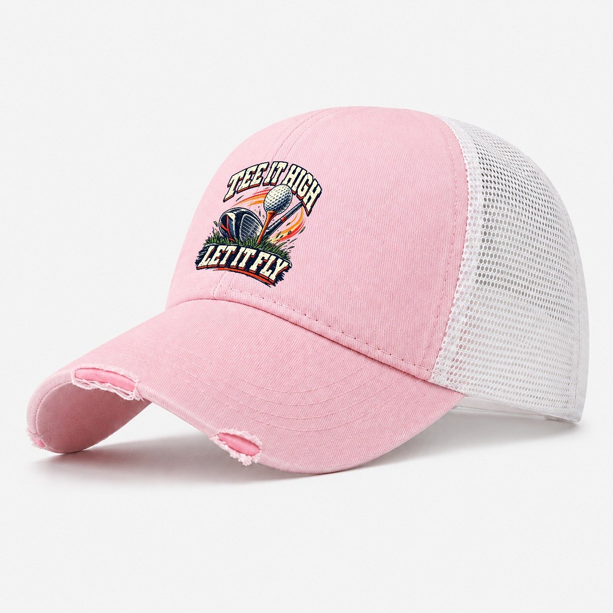 Tee It High Let It Fly Golf Life Washed Trucker Hat – Light Pink