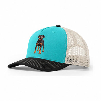Doberman Pinscher Standing Front Facing Top Breeds Trucker Hat – Aqua Black White