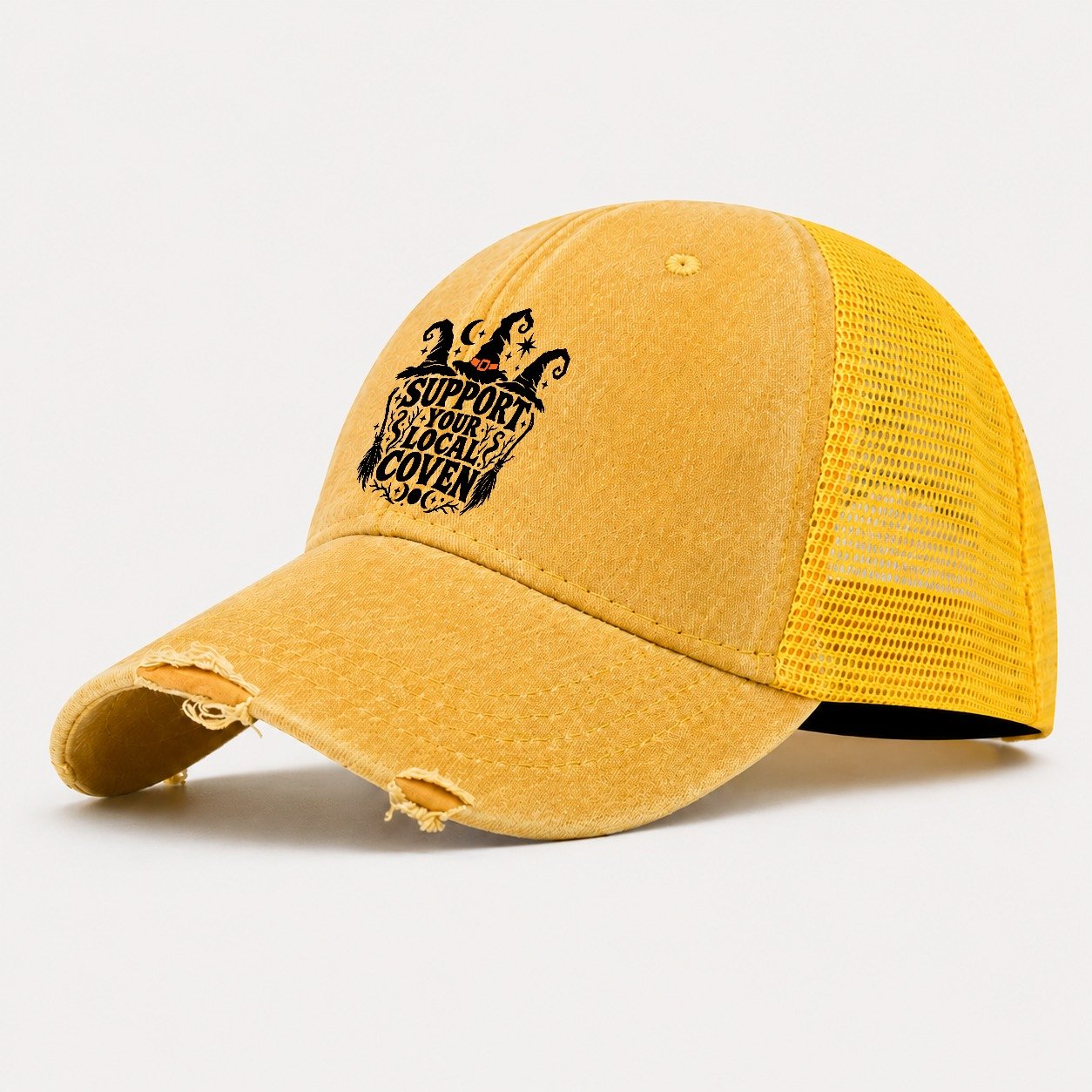 Support Your Local Coven Slogan Witch Magic Washed Trucker Hat – Yellow