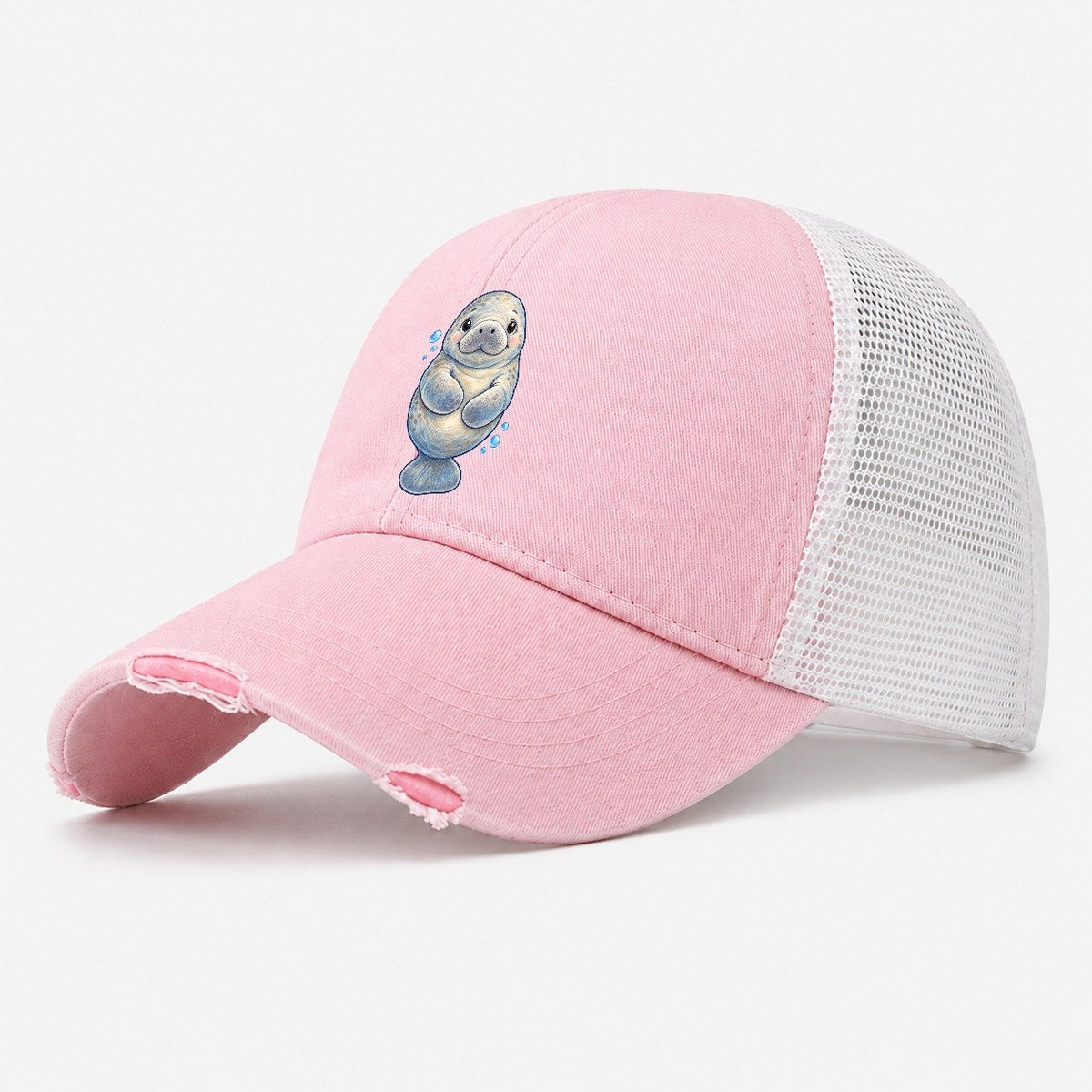 Manatee Front Flipper Hug Sea Sprite Washed Trucker Hat – Light Pink