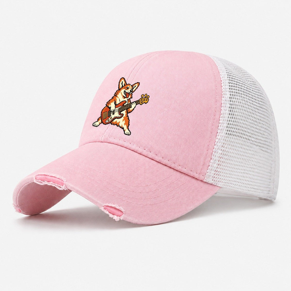 Pixel Art Corgi Bass Player Sundown Washed Trucker Hat – Light Pink