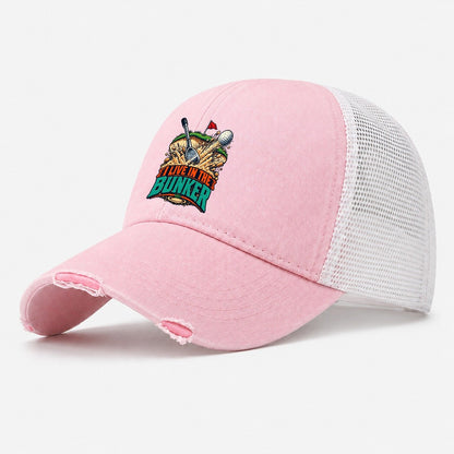 I Live In The Bunker Golf Life Washed Trucker Hat – Light Pink