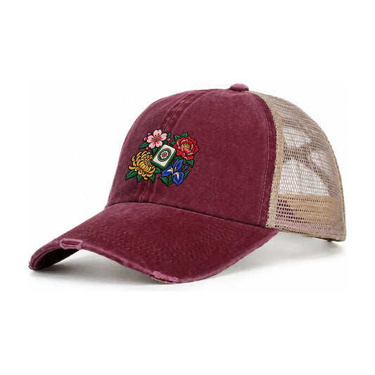 Flower Season Mahjong Game Night Women's Ponytail Trucker Hat – Burgundy Khaki