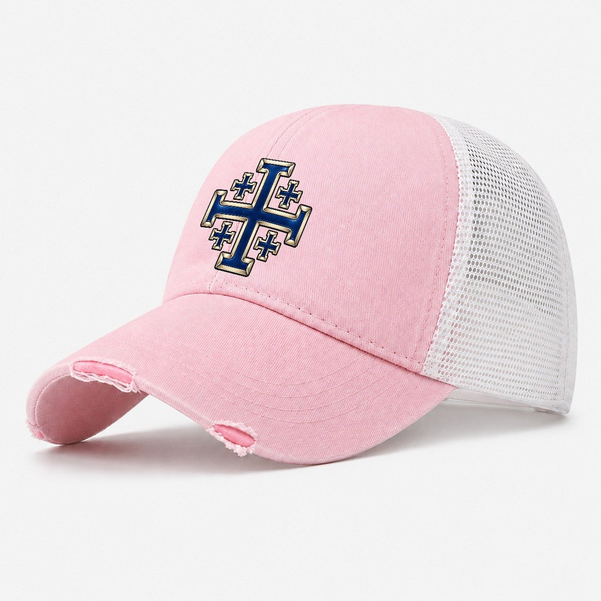 Jerusalem Cross Blue Enamel Character Club Washed Trucker Hat – Light Pink